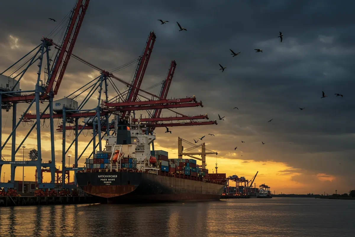 A large cargo ship sits in a waterway with numerous cranes along the docks in Natchitoches Parish