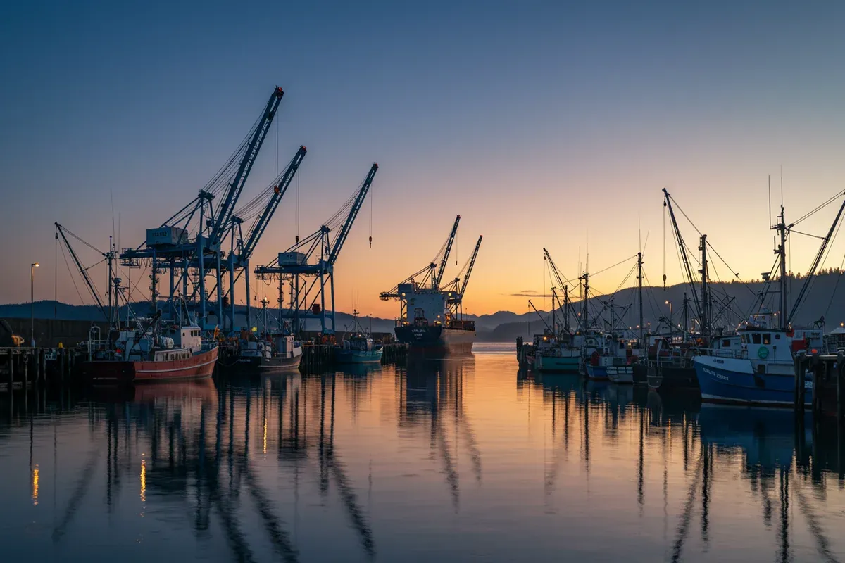 Several fishing boats are docked in a harbor reflecting in calm waters A vibrant sunset illuminates the scene highlighting