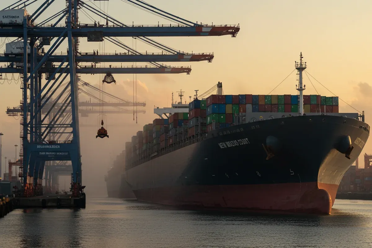 A large cargo ship dominates the scene against a blurred background of cranes and a port