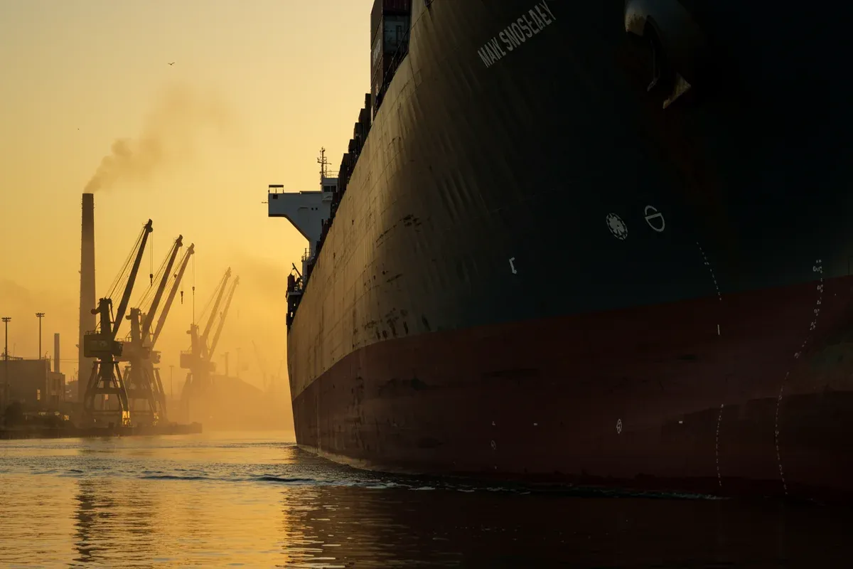A massive cargo ship dominates the view against the backdrop of towering cranes at the Ogdensburg Port