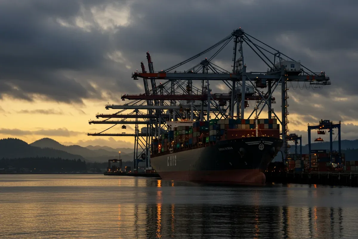 A large container ship sits in Coos Bay with towering cranes reflected in the calm waters creating a dramatic scene