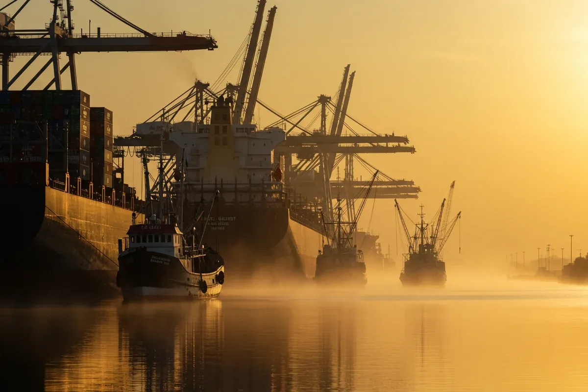 A large cargo ship navigates a misty river channel flanked by towering cranes and industrial buildings
