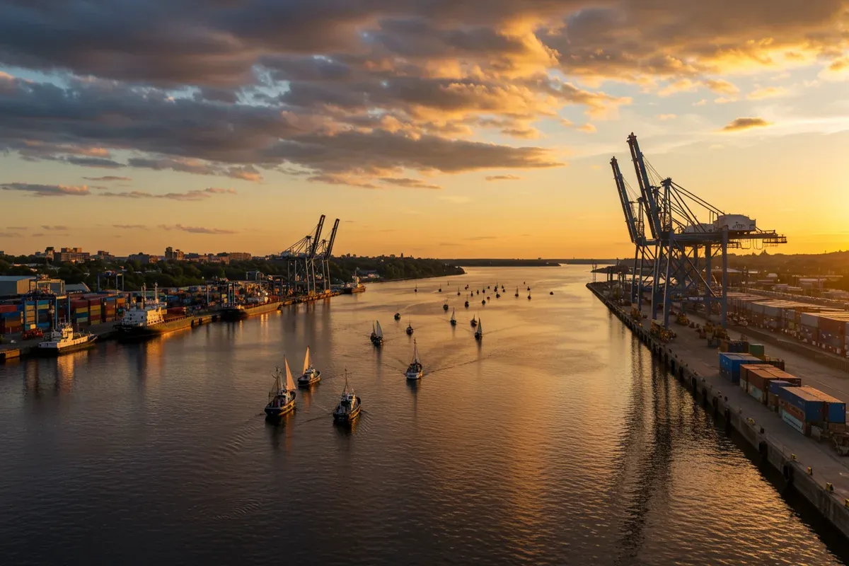 Cargo ships navigate a waterway within the Ottawa Port District Several sailboats dot the calm water reflecting the setting