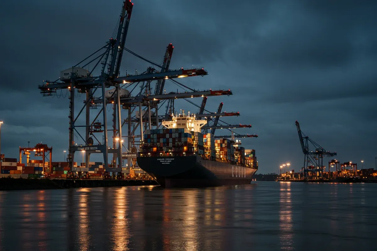 Darkened cargo ships rest in a river channel illuminated by numerous harbor cranes reflecting on the waters surface