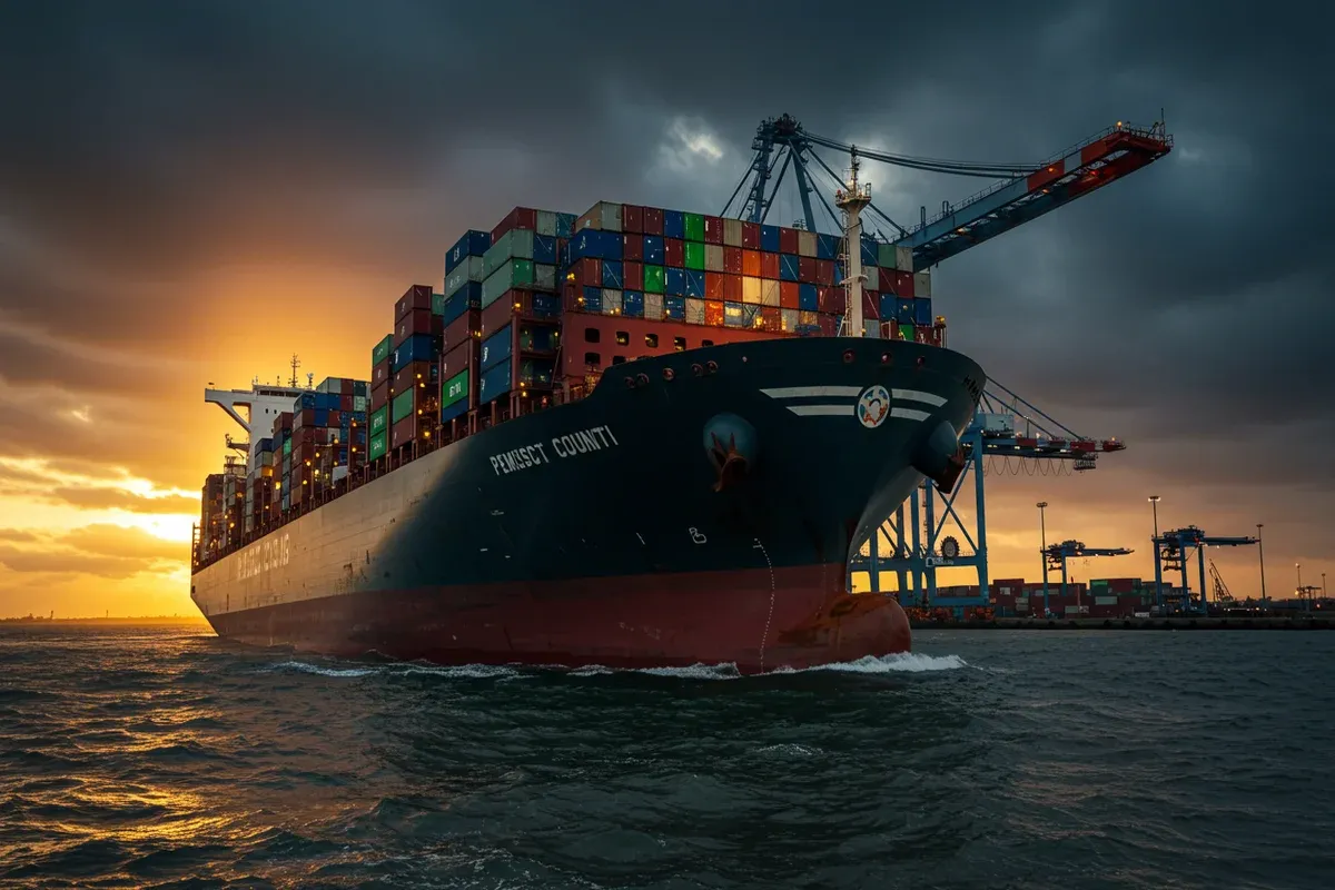 A large dark container ship navigates the ocean under a dramatic sunset sky with visible cranes beside it