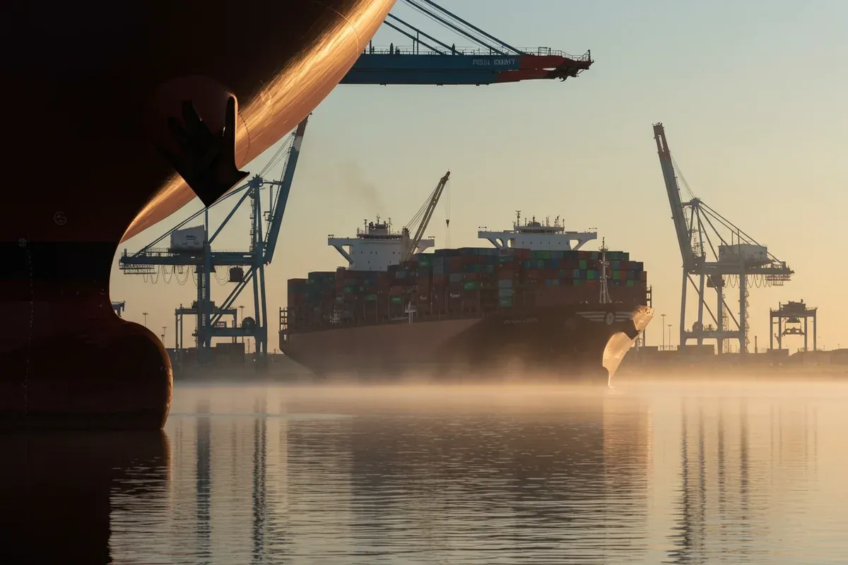 A massive container ship dominates the hazy skyline reflecting in the calm waters of a port with towering cranes visible in