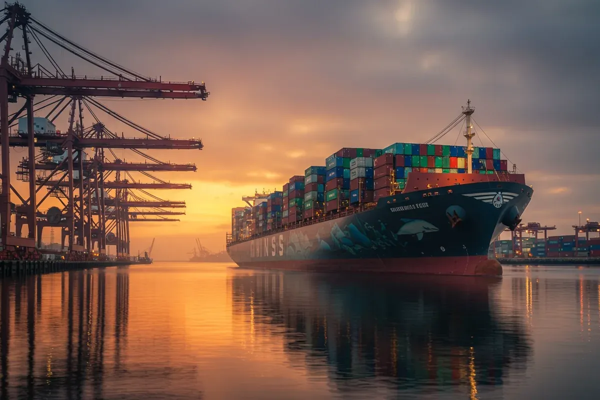 A large container ship navigates the Plaquemines Harbor and Terminal District with visible docks and cranes reflecting in