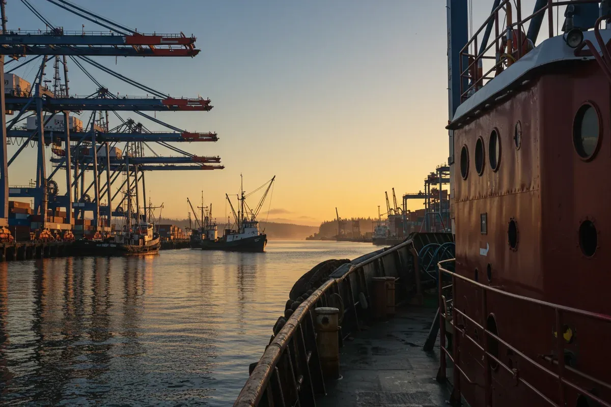 A weathered cargo ship sits in the Port of Everett with towering cranes and other vessels in the hazy background