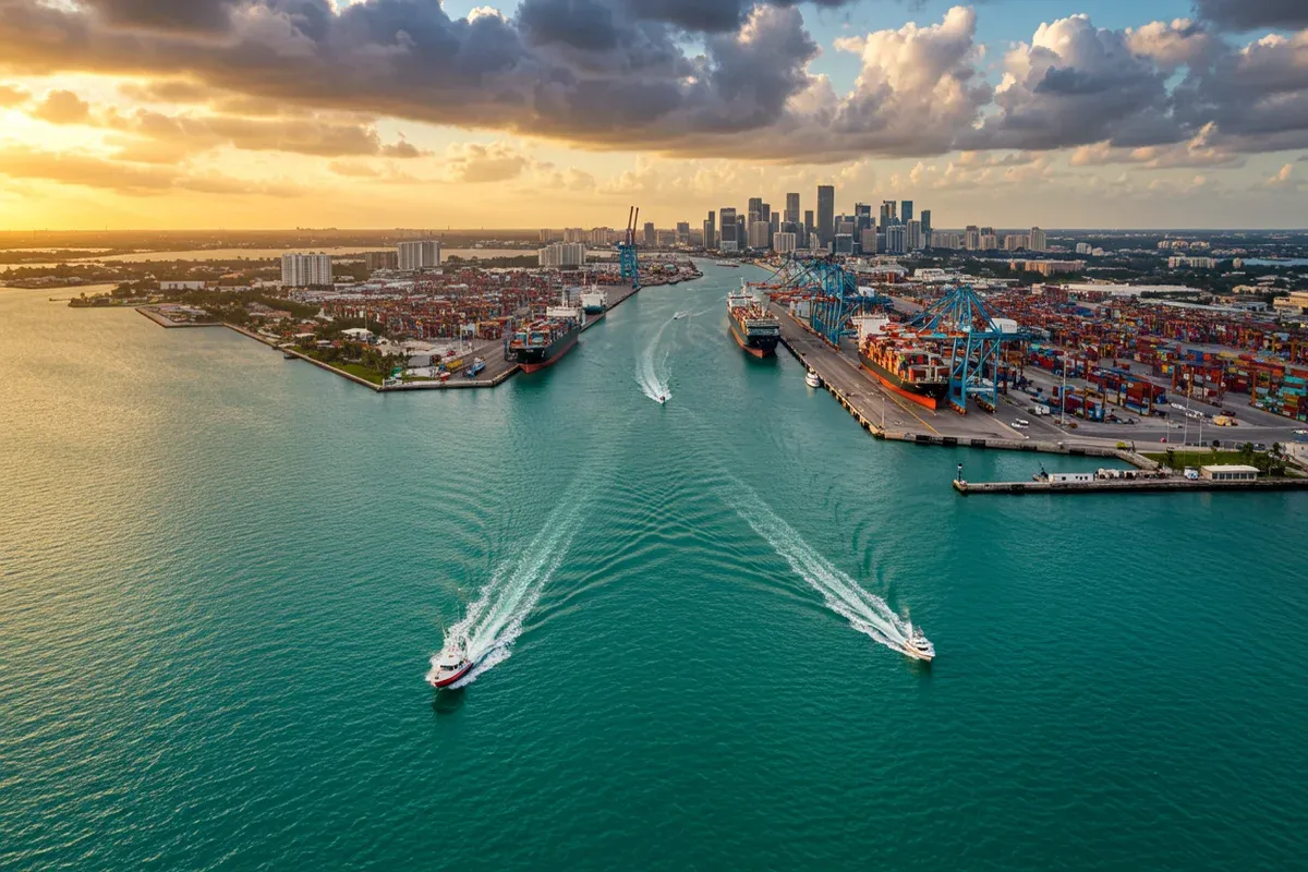 Fast boats navigate the Port Everglades channel surrounded by towering cranes and ships highlighting maritime activity