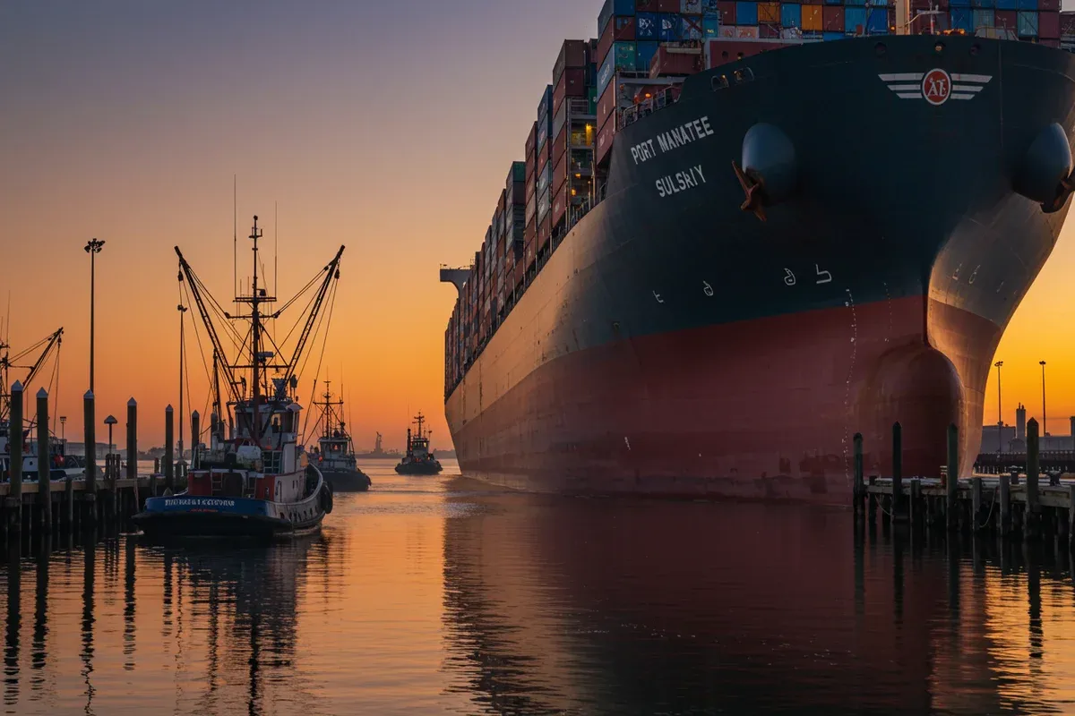 A large cargo ship navigates the waters of Port Manatee at sunset with cranes visible in the background