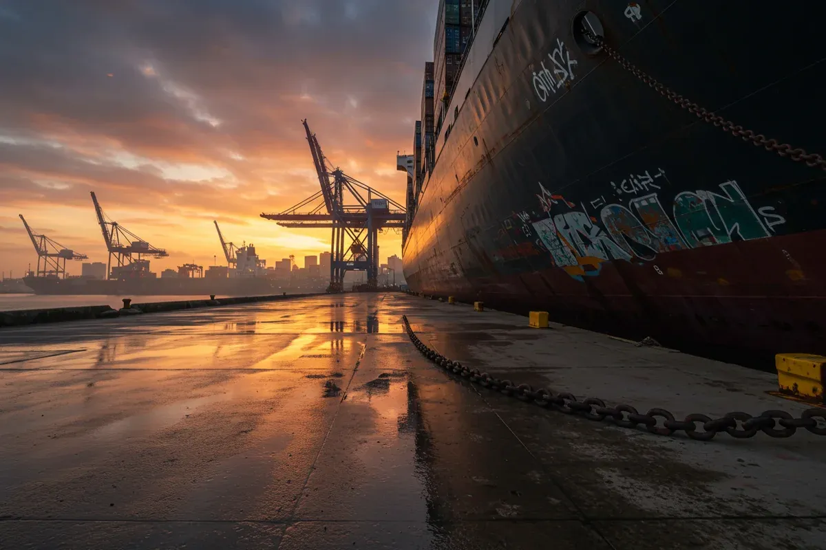A weathered container ship reflects on wet concrete at Milwaukees docks under a vibrant sunset glow