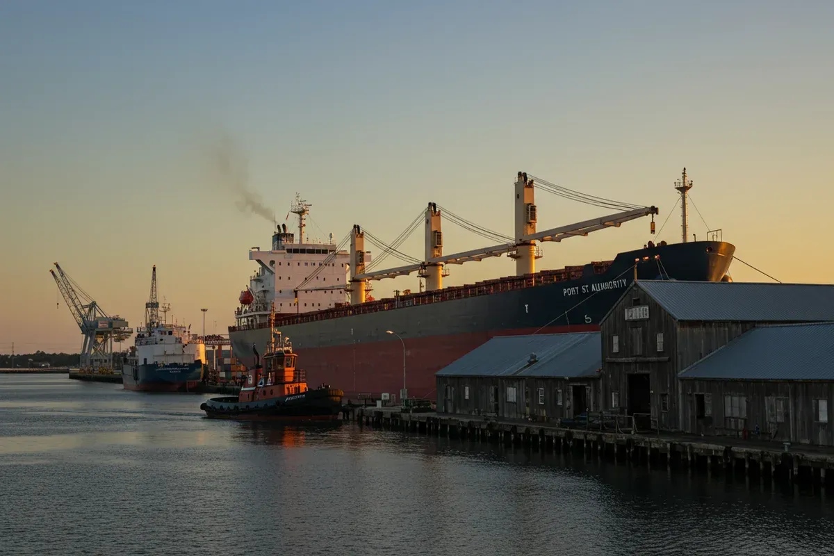 A large cargo ship is docked at Port St Joes waterfront with a pier and buildings visible in the background