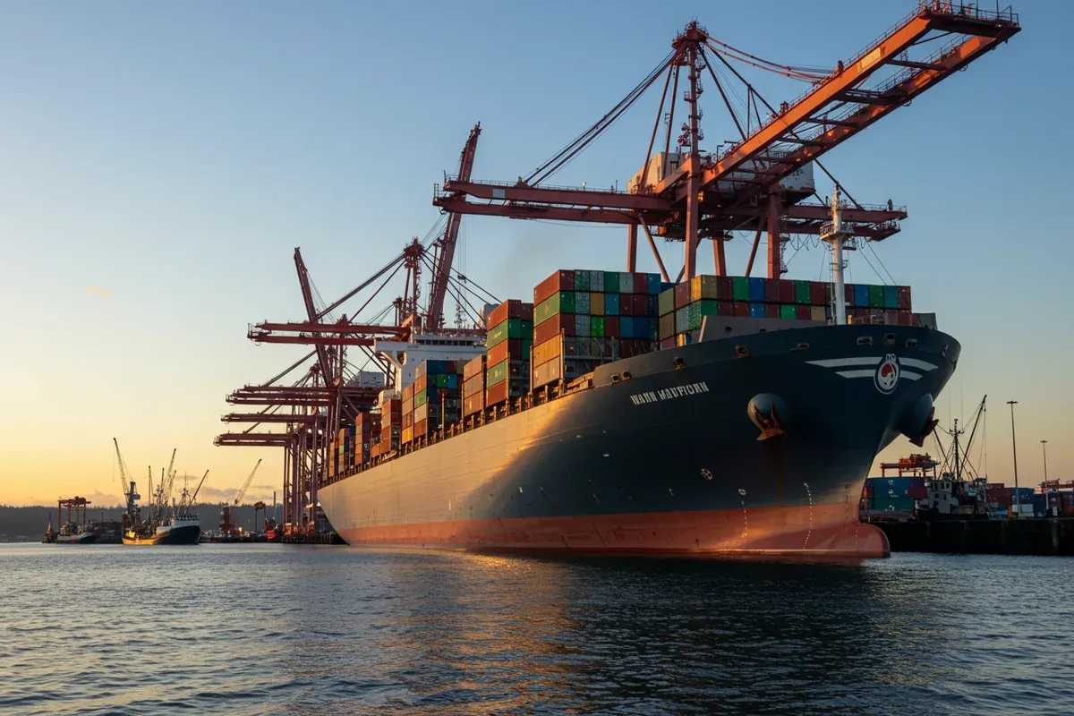 A large cargo ship sits in the Port of Anacortes with numerous towering cranes extending into the sunset