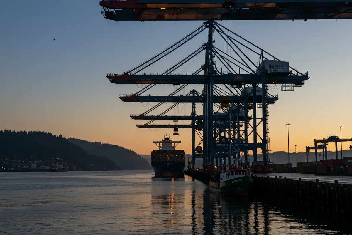A large cargo ship sits in the Port of Astoria with cranes visible in the background reflecting on the water