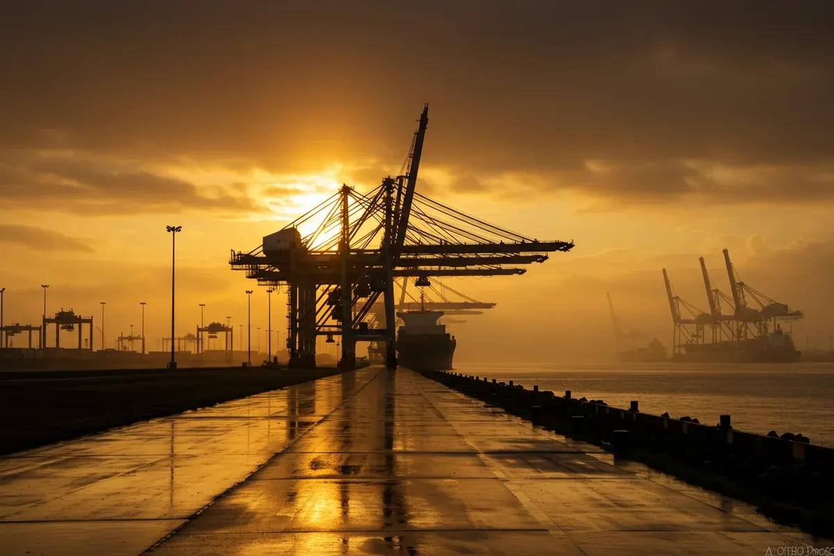 A weathered concrete pier extends into a misty harbor featuring towering cranes and a distant ship under overcast skies
