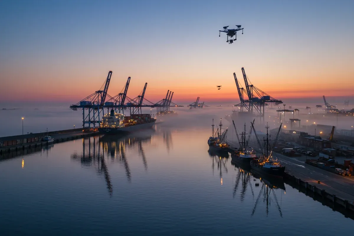 Harbors reflect in the calm Beaumont harbor waters cranes stand tall along the dock reflecting the sunset light