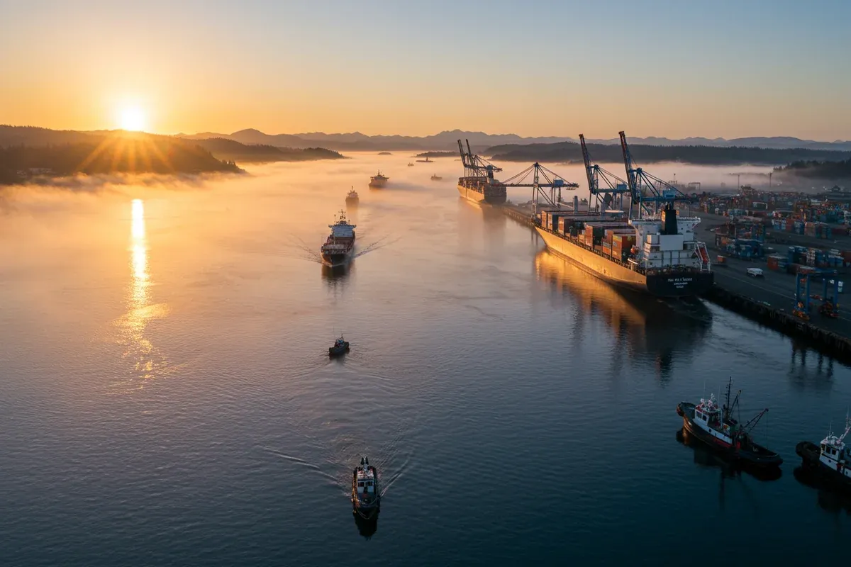 Cargo ships navigate the Port of Bellingham waterway with cranes visible in the background under a hazy sky