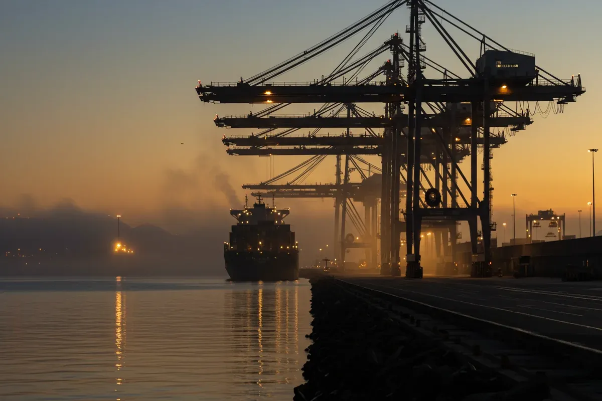 A cargo ship approaches the Benicia Port with striking container cranes silhouetted against the hazy sunset light