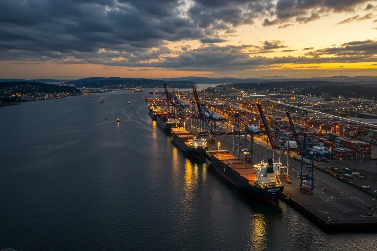A freighter navigates the Port of Bremertons waters under the evening glow illuminating towering cranes and docks