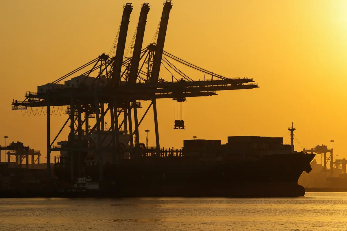A large container ship silhouettes against a hazy sky near a crane terminal at Port of Clarkston