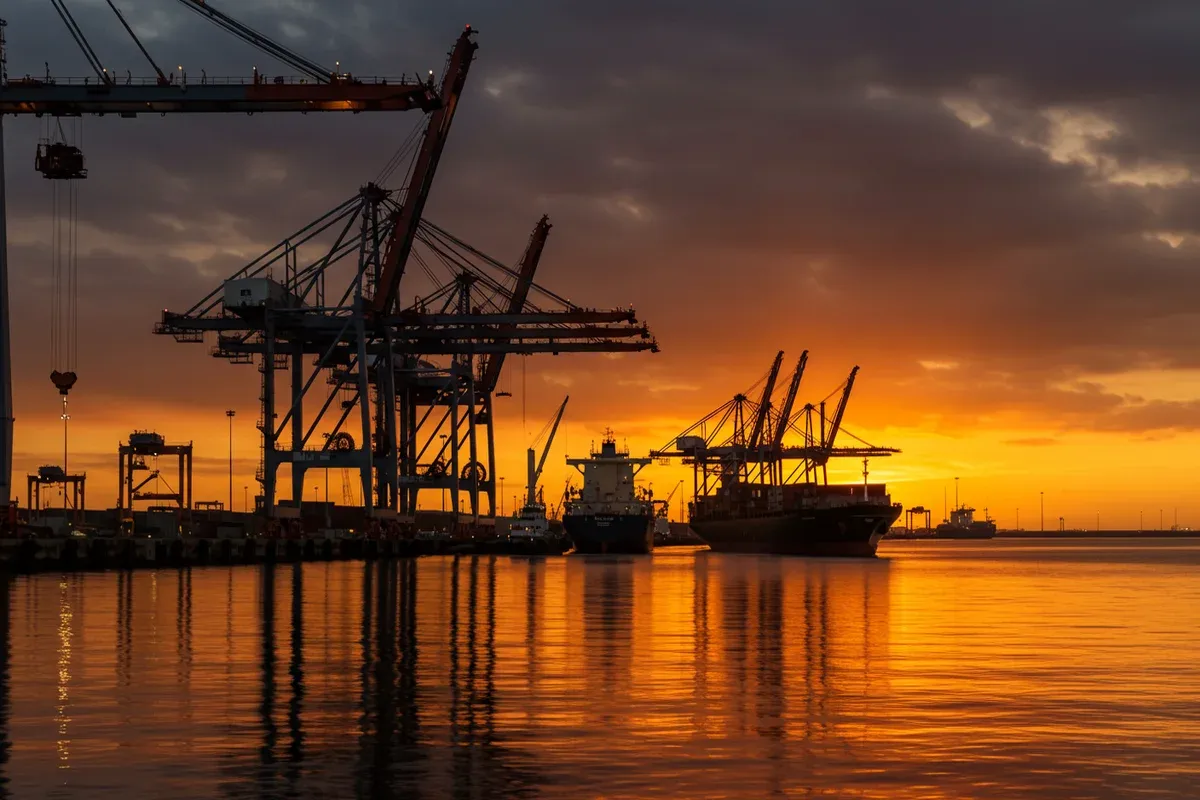 Cargo ships reflect on calm water under a vibrant sunset illuminating the Port of Corpus Christi with cranes