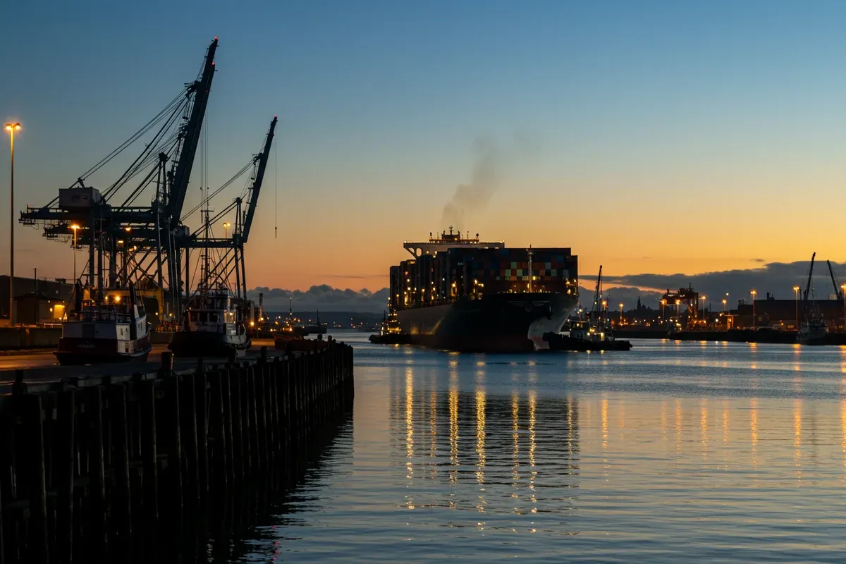 A massive container ship navigates the Port of Edmonds under the twilight sky reflecting on the calm waters alongside a