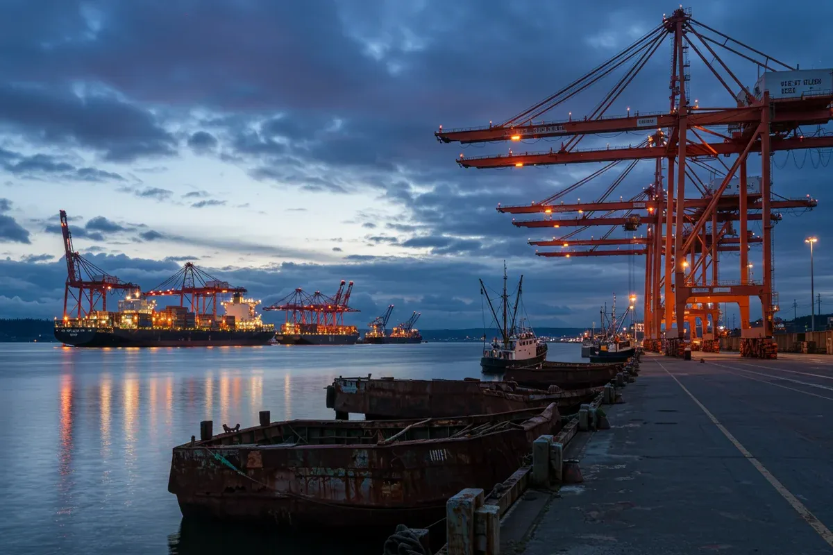 The Port of Everett shows large container ships docked at the pier beneath a dark gray sky reflecting on the water