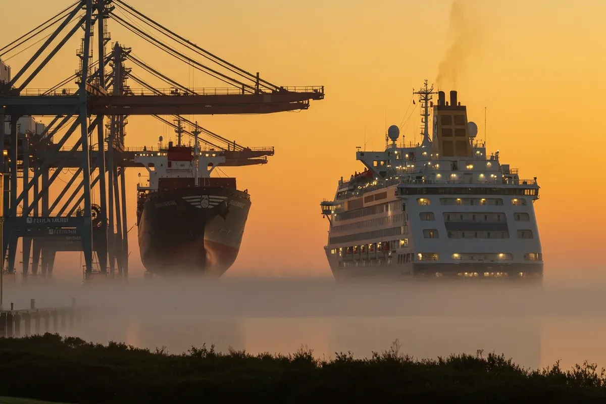 A large cargo ship dominates the hazy Port of Fernandina Beach with cranes visible in the background creating a maritime