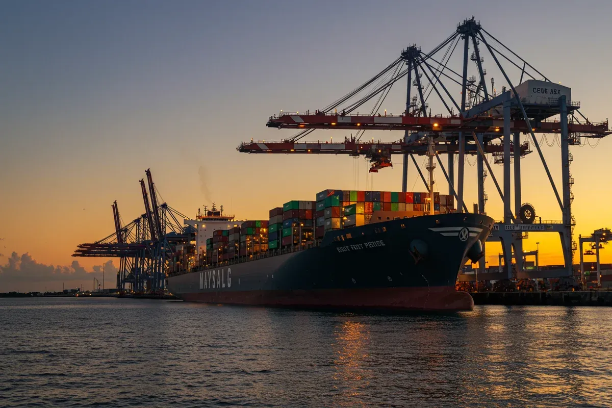 A large container ship dominates the view against a colorful sunset backdrop at the Port of Fort Pierce Several towering