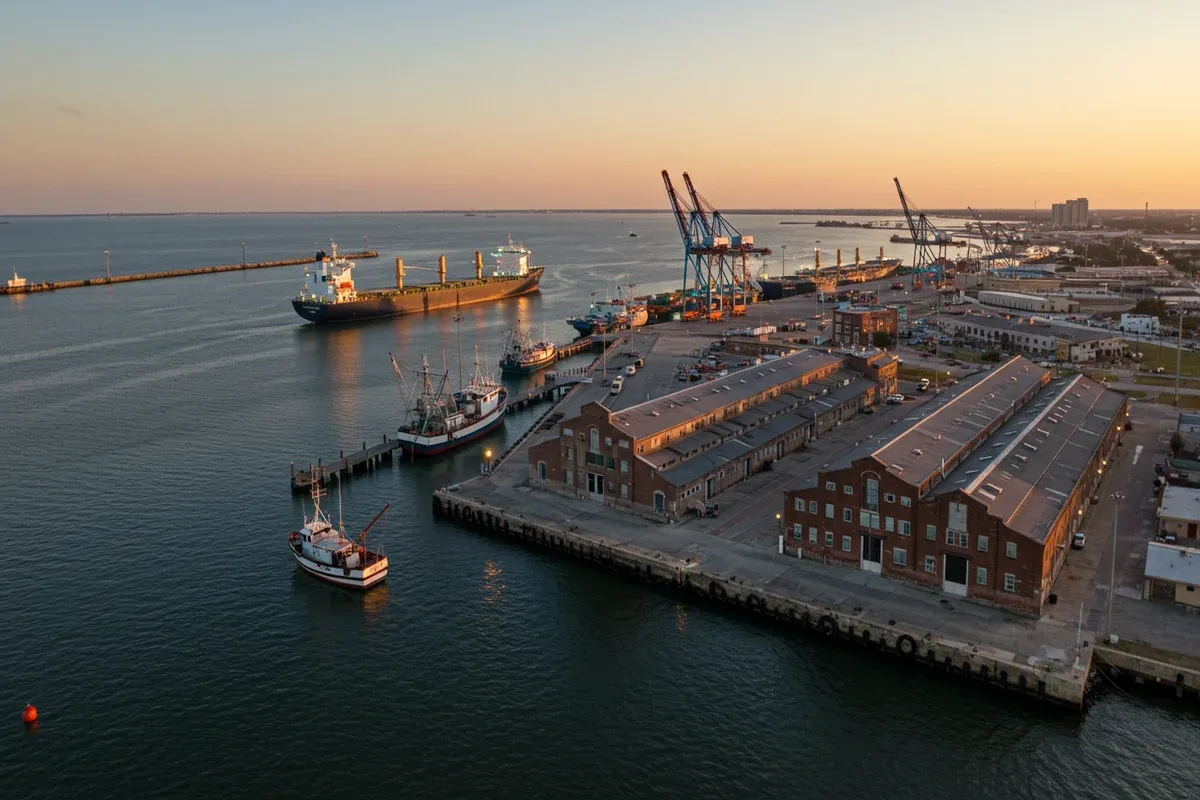 A large cargo ship sits in the Port of Galveston alongside historic warehouses and a red buoy