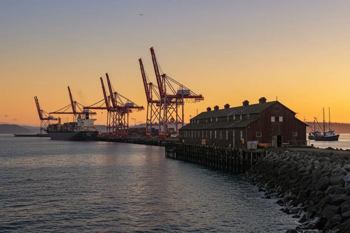 A large crane dominates the Port of Grays Harbor dock with ships visible in the background and a stone breakwater along the