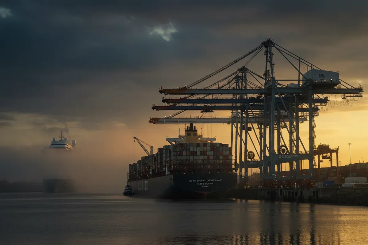 A large cargo ship approaches docks with towering cranes in the Port of Greater Cincinnati development area