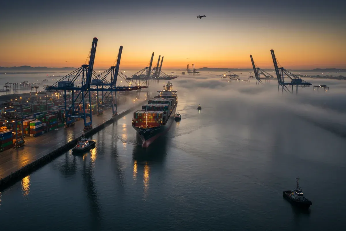 A large cargo ship navigates a waterway surrounded by towering cranes and docks in the Port of Green Bay