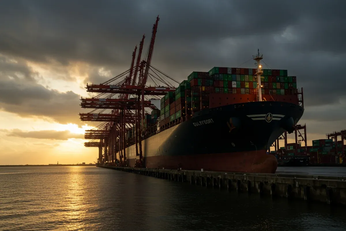 A large container ship sits at the Port of Gulfport under a vibrant sunset illuminating towering cranes and the waters