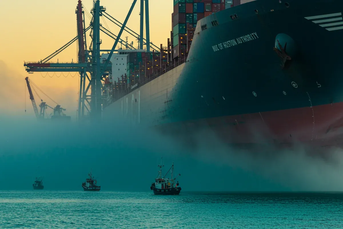 A harbor tugboat navigates the murky waters of the Port of Houston with cranes looming in the background