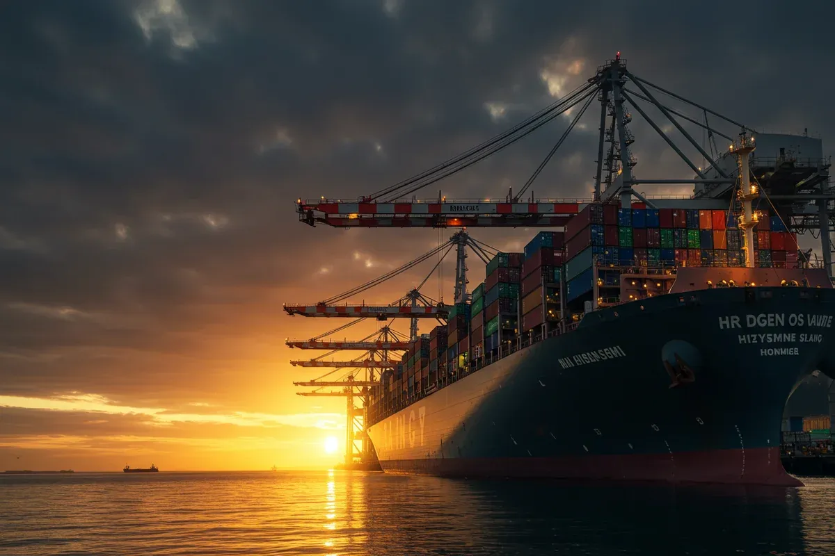 A container ship sits in the Port of Hueneme under a hazy sunset with prominent cranes unloading cargo