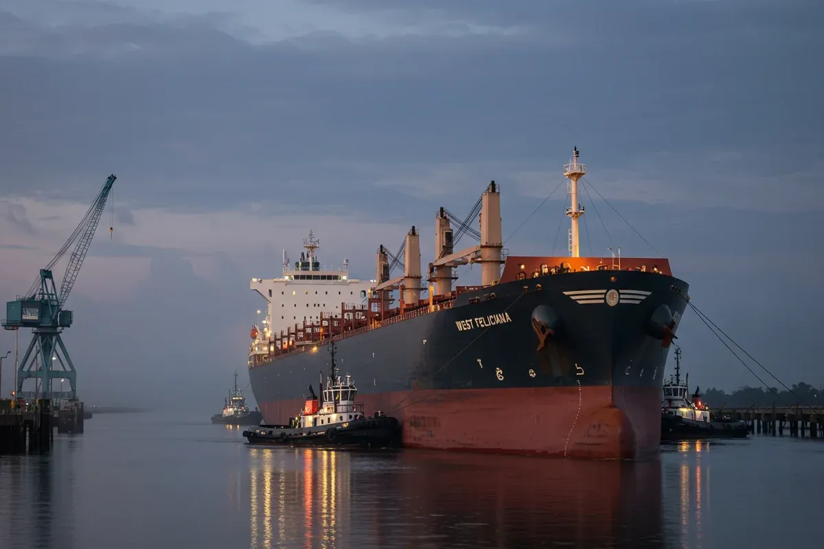 A large container ship navigates a misty harbor with a crane visible in the background reflecting in the water