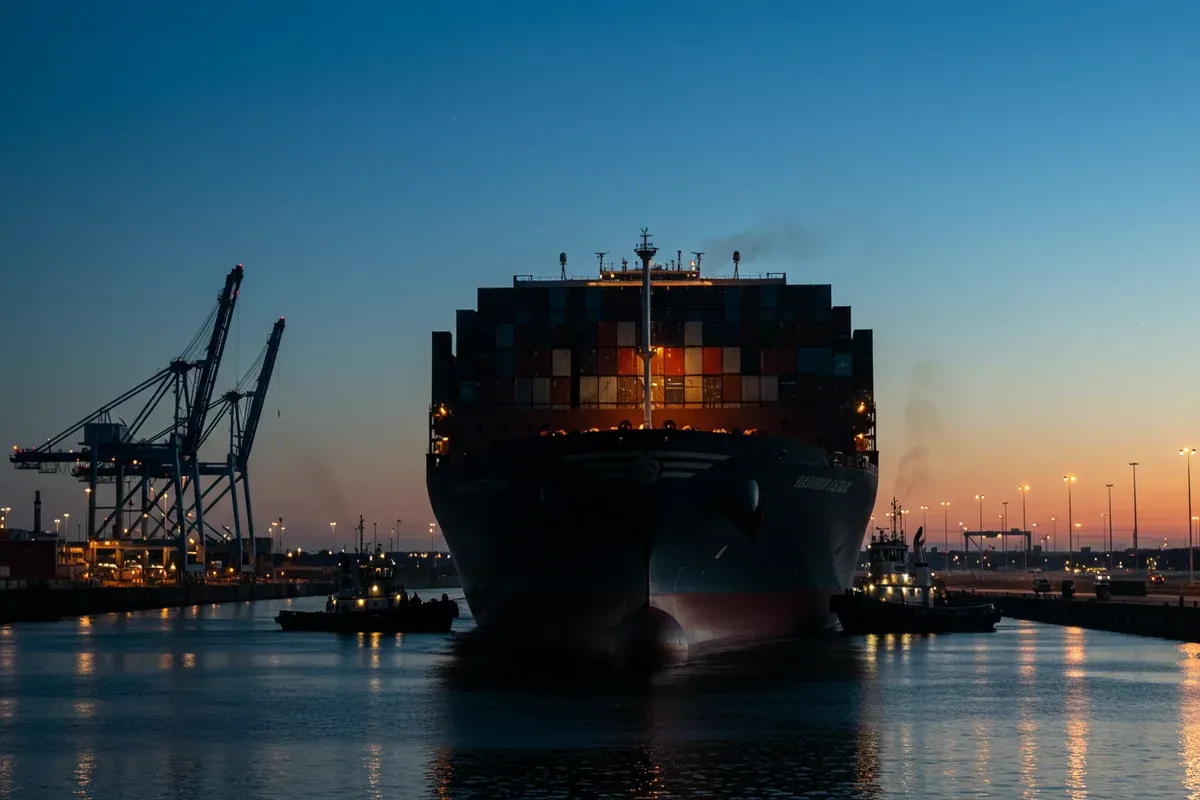 A large container ship navigates the Port of Kansas City with escort tugboats under the city lights reflecting on the dark