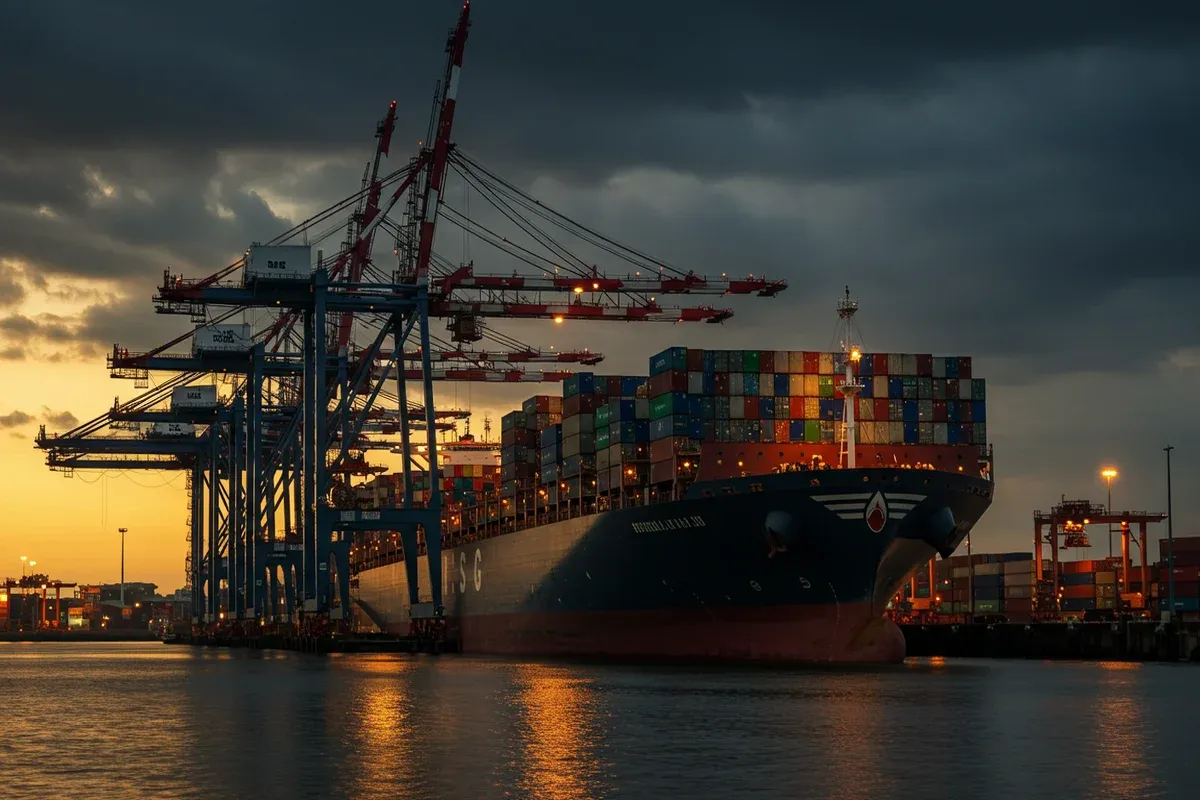 A large cargo ship sits in the Port of Lake Charles under dim evening lights surrounded by towering cranes and industrial