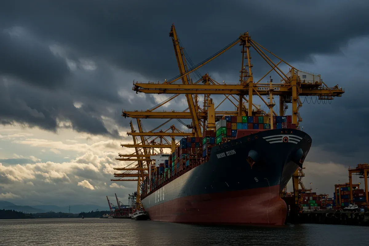 A large cargo ship sits in the Port of Lewiston Washington with towering cranes in the background