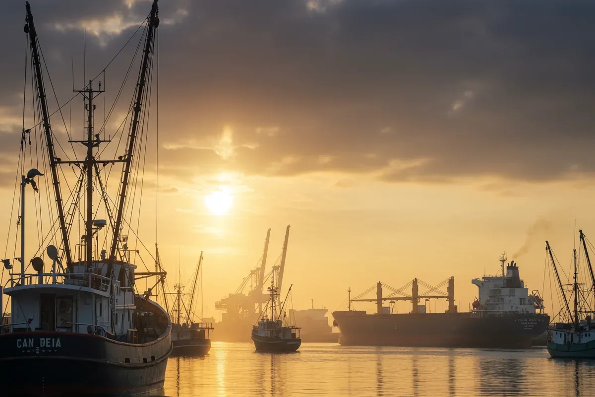 Cargo ships sit in a harbor with towering cranes under a hazy morning light The water reflects the industrial scene