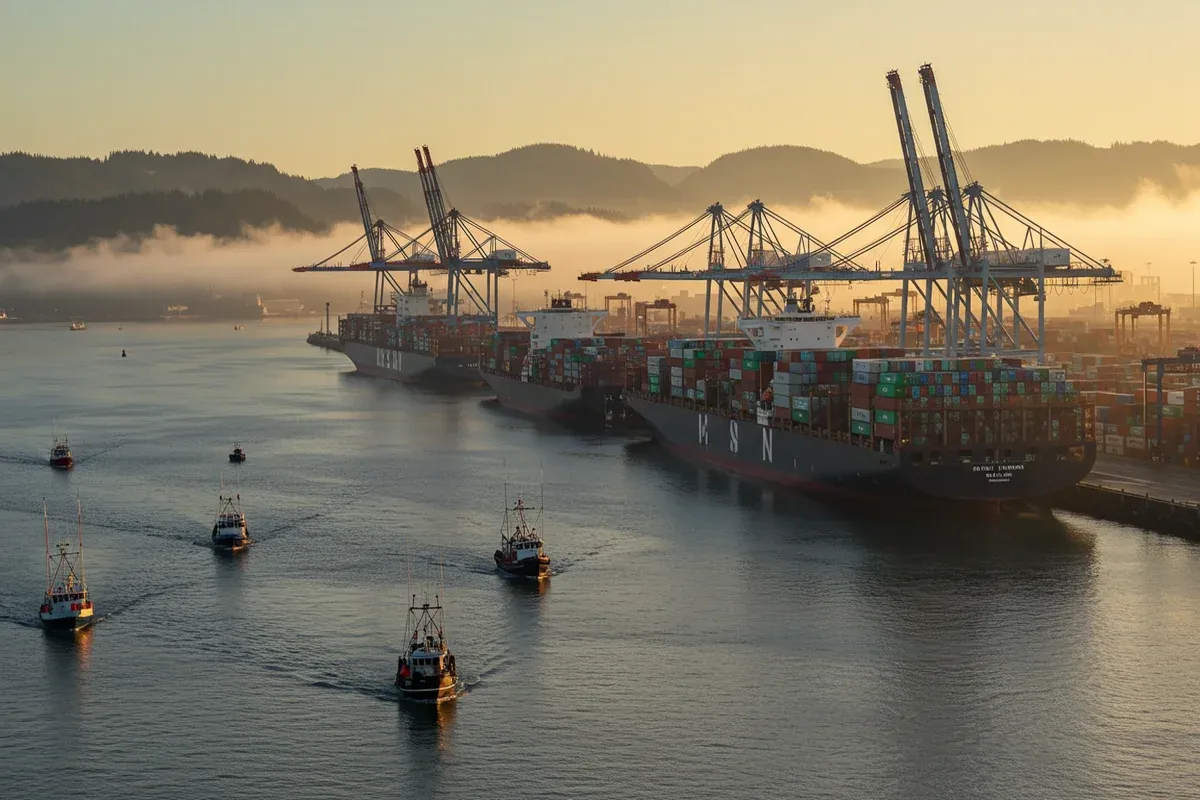 A fleet of tugboats navigates the calm waters of the Port of Longview with towering cranes in the background