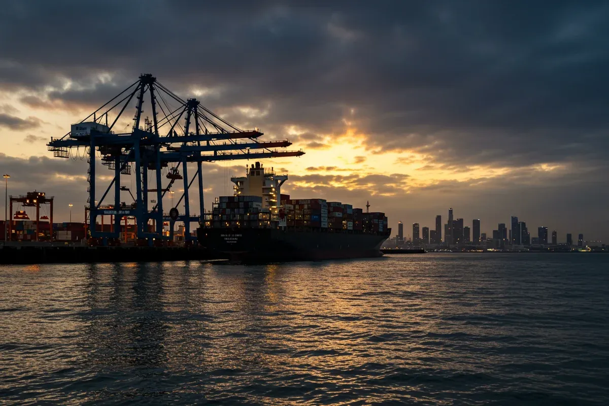 A massive cargo ship sits in the Port of Los Angeles amid towering cranes and a distant skyline