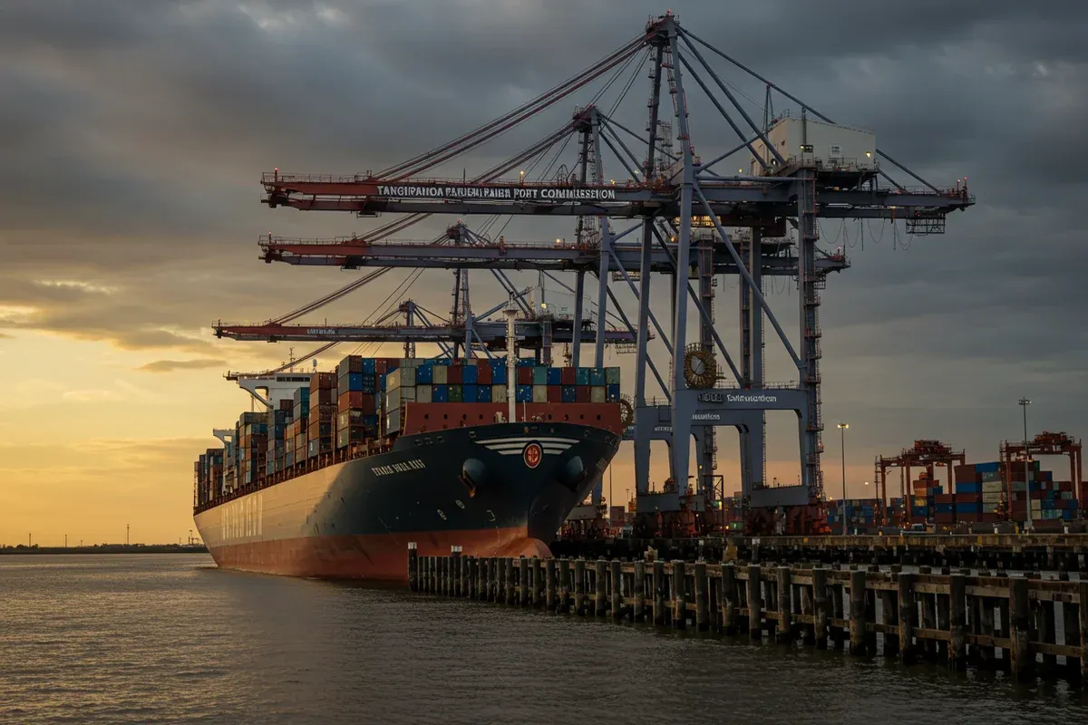 A large cargo ship anchors in the Port of Miami under towering cranes and bright lights reflecting off the water