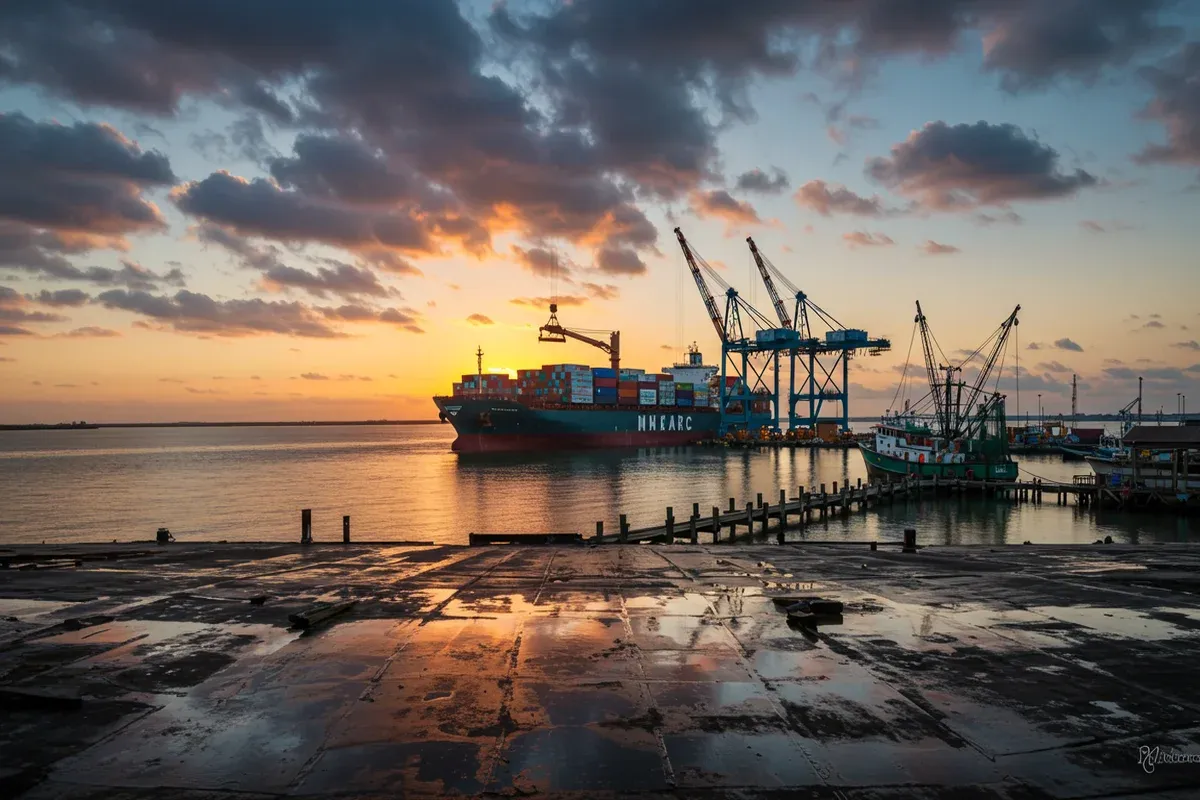 Crude container ships dock at Newports weathered pier reflecting orange sunlight on wet wood