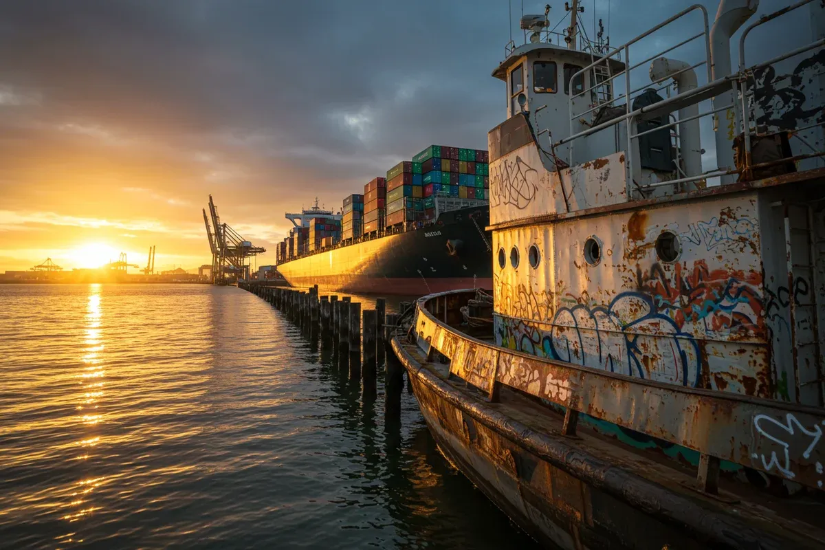 A weathered tugboat navigates the Oakland Port waters under a vibrant sunset glow reflecting on the dark water