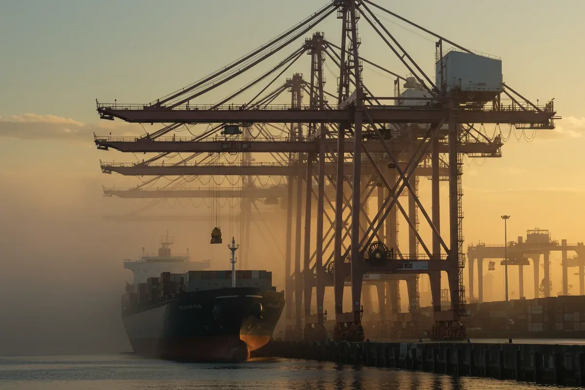 A large cargo ship sits in the Port of Olympia under a hazy sky Several towering cranes dominate the background