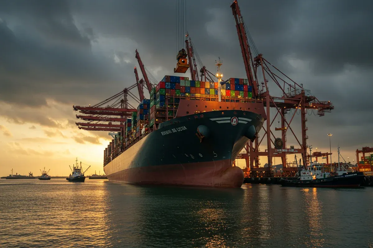 A large container ship dominates the port scene with numerous cranes and several sailboats nearby under a golden sunset