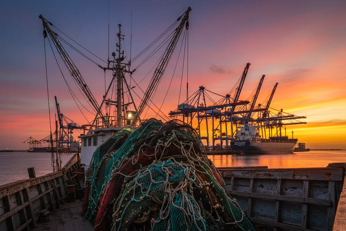 A large blue fishing net rests on a weathered port pier beside a dark ship in Pascagoulas harbor at sunset