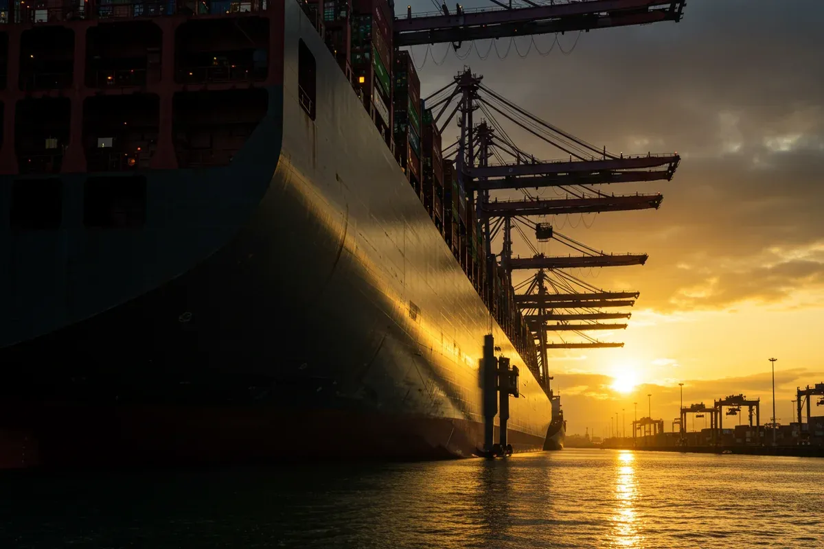 A massive freighter dominates the foreground bathed in warm sunset light reflecting on the water Its hull is sharply defined